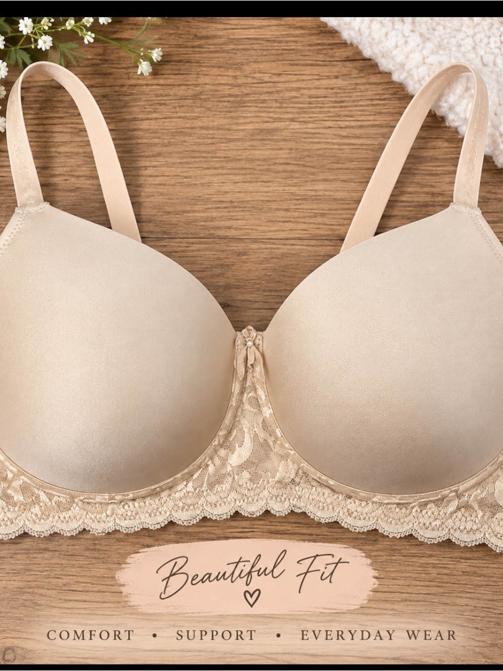 Everyday Lace-Trim T-Shirt Bra - Beige